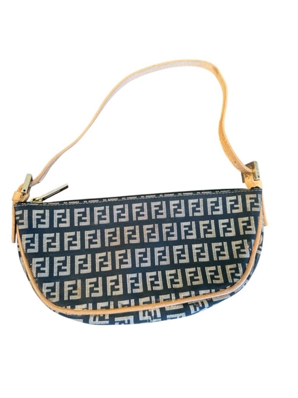 Vintage Y2K Fendi Zucchino Mini Pochette Half Moon Shoulder Bag Black Tan
